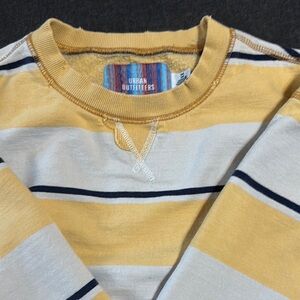 Urban Outfitters Men's Yellow and White Striped Crewneck Sweater